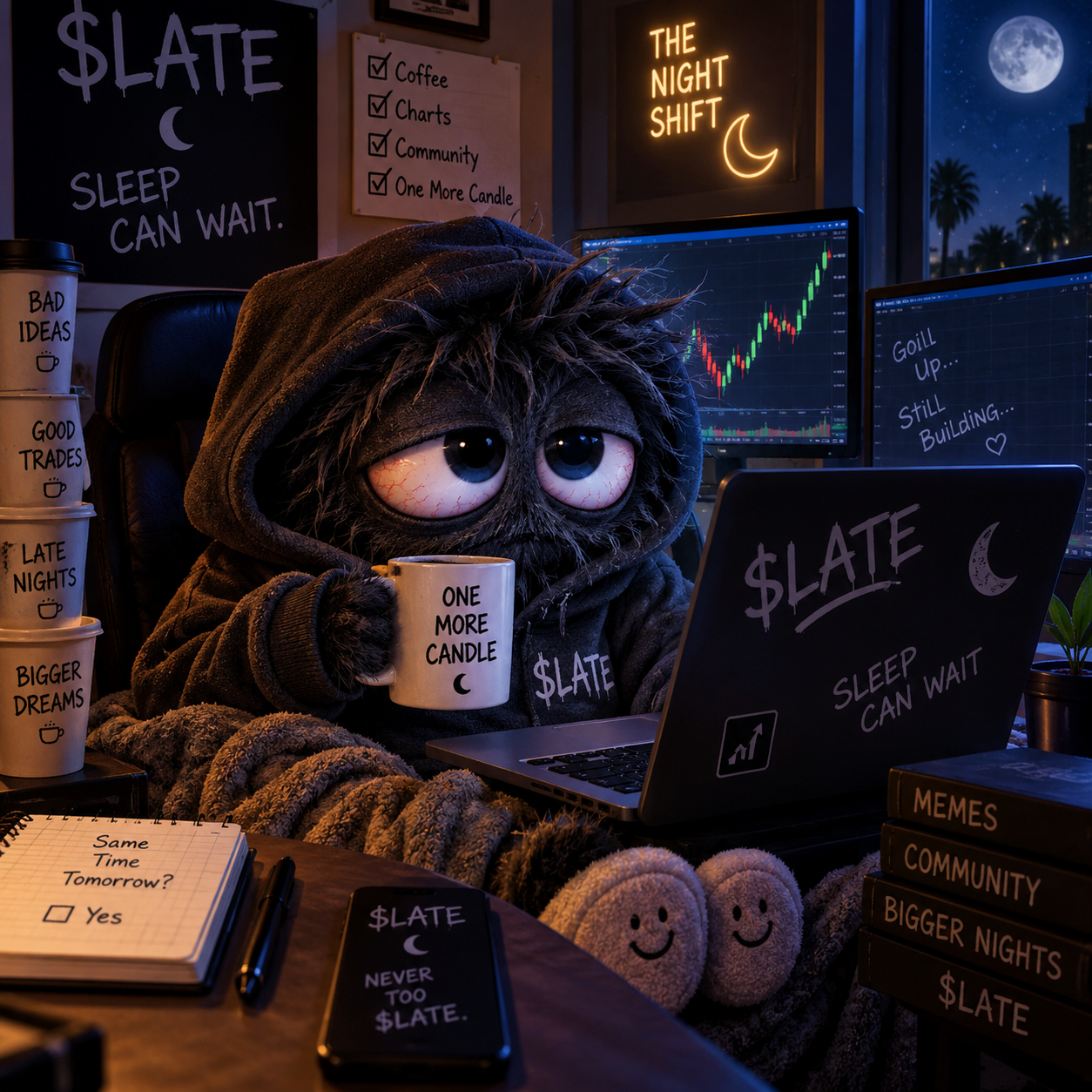 The $LATE hoodie mascot working through the night